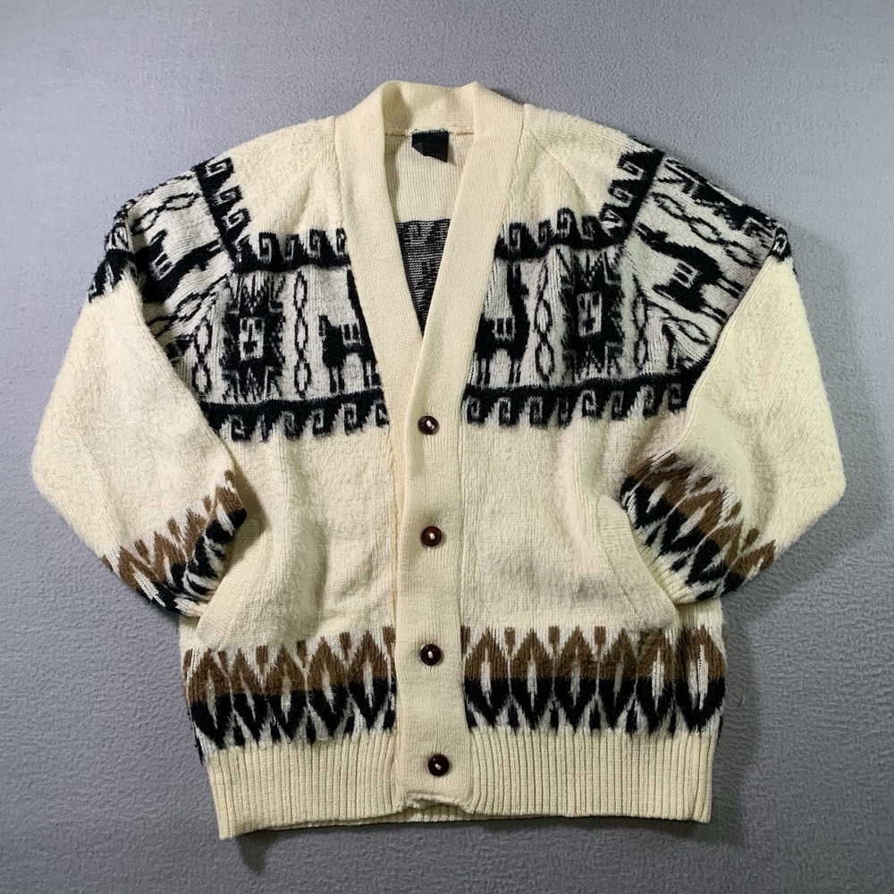 Vintage 100% Wool Llama Alpaca Cardigan Sweater Cream Men's Size XL/Large